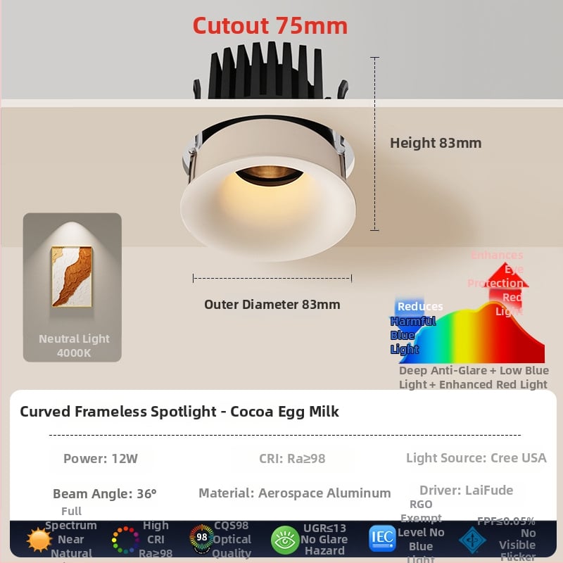 Downlight din aluminiu, sursă COB LED, 6–10W, 220V, montaj ascuns, control manual, 50.000 de ore de viață, potrivit pentru living/dining/dormitor.