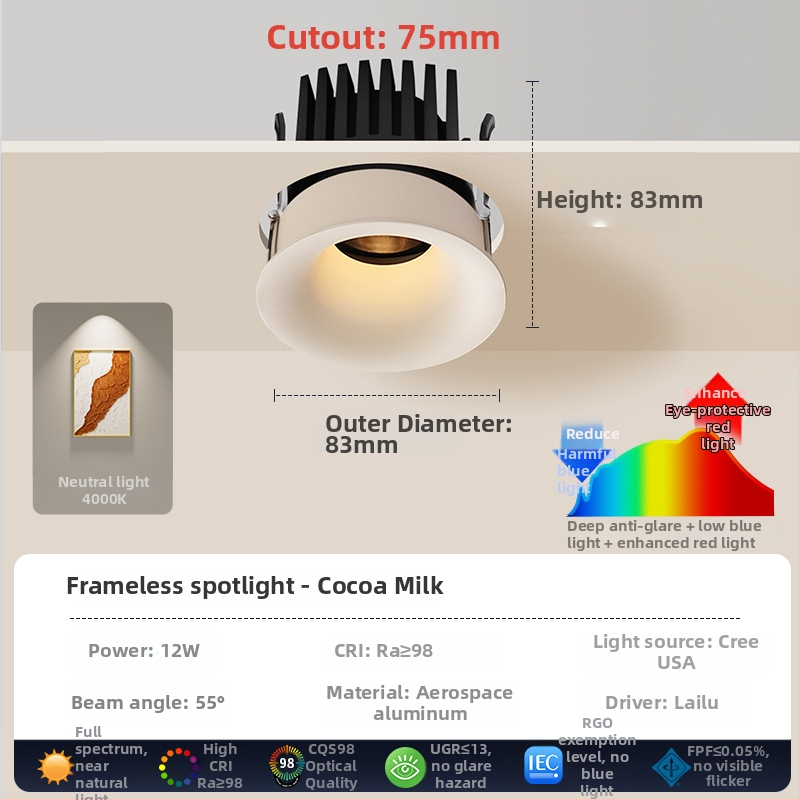 Downlight din aluminiu, sursă COB LED, 6–10W, 220V, montaj ascuns, control manual, 50.000 de ore de viață, potrivit pentru living/dining/dormitor.