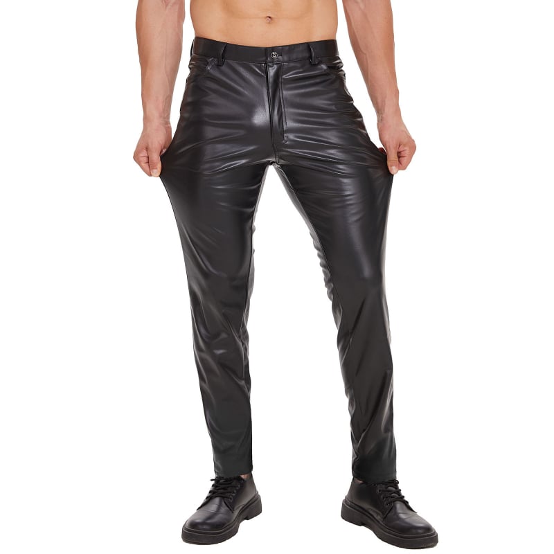 Motociklističko odijelo s ravnim krojem hlača od umjetne kože, srednji porast struka, zatvarač na zip
