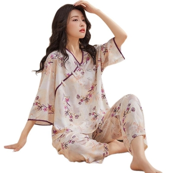 Női pizsama készlet, pamut-selyem, V-nyakú, 3/4-ujjú, vékony anyag regenerált cellulóz rosttal, nadrág