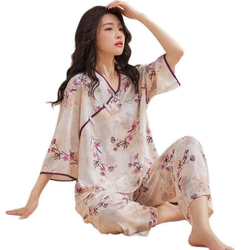 Női pizsama készlet, pamut-selyem, V-nyakú, 3/4-ujjú, vékony anyag regenerált cellulóz rosttal, nadrág