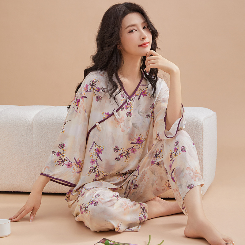 Női pizsama készlet, pamut-selyem, V-nyakú, 3/4-ujjú, vékony anyag regenerált cellulóz rosttal, nadrág