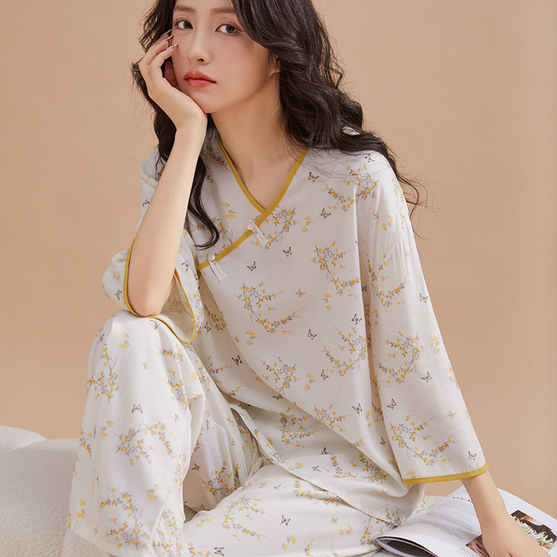 Női pizsama készlet, pamut-selyem, V-nyakú, 3/4-ujjú, vékony anyag regenerált cellulóz rosttal, nadrág