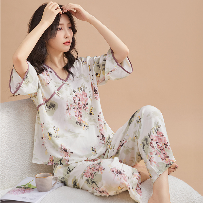 Női pizsama készlet, pamut-selyem, V-nyakú, 3/4-ujjú, vékony anyag regenerált cellulóz rosttal, nadrág