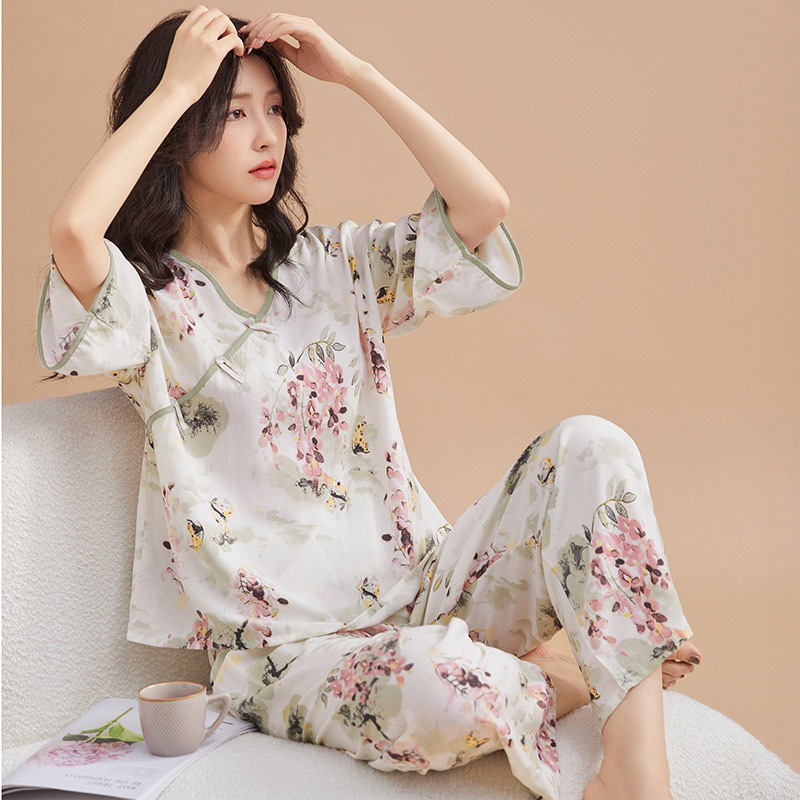 Női pizsama készlet, pamut-selyem, V-nyakú, 3/4-ujjú, vékony anyag regenerált cellulóz rosttal, nadrág
