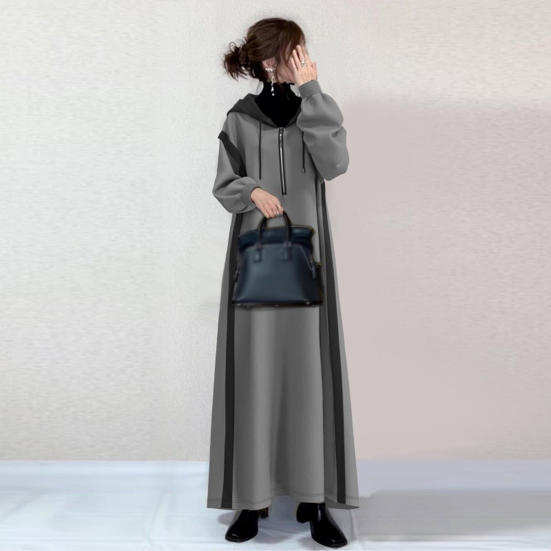 Kapucnis pulóverruha, midi hosszú, pamut-keverék anyag, blokkolt dizájn, utcai stílus