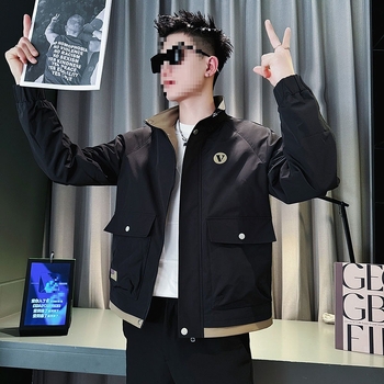 Muška kožna jakna s klasičnim reverom, prednji zip, poliester podstava, dugi rukavi, patch džepovi