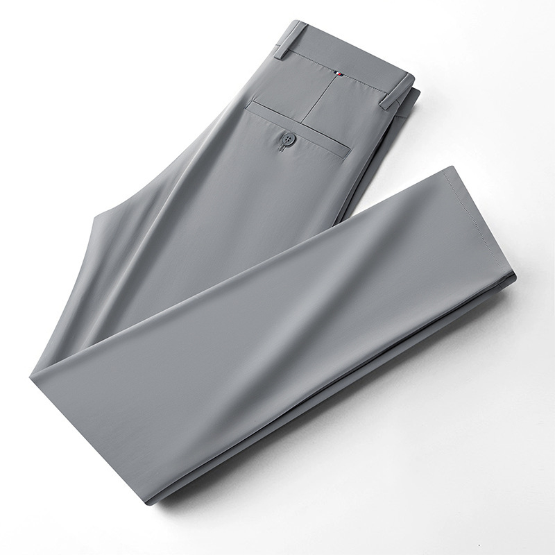 Muške ljetne poslovno-opuštene hlače, srednji pojas, ravni kroj, prozračna elastična tkanina milk silk, zip-fly, džepovi