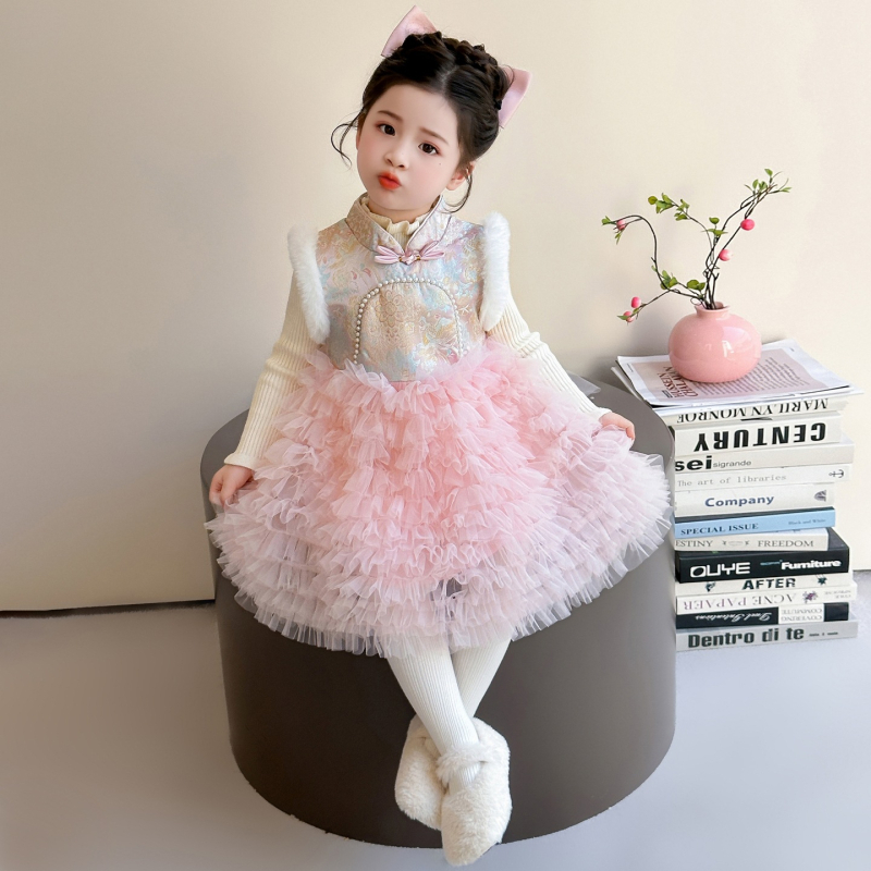 Детска традиционна китайска рокля за зима – принцес стил, етнически костюм, вълнена подплата, памучна материя, удебелен дизайн