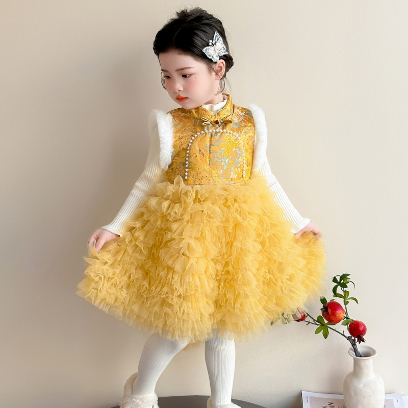 Детска традиционна китайска рокля за зима – принцес стил, етнически костюм, вълнена подплата, памучна материя, удебелен дизайн