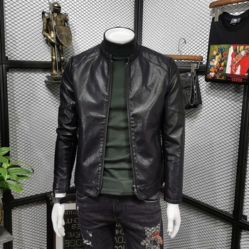 Geacă de piele PU pentru bărbați, stil coreean, slim-fit, guler înalt, fermoar, mai multe buzunare, căptușeală din acetat, toamna 2024