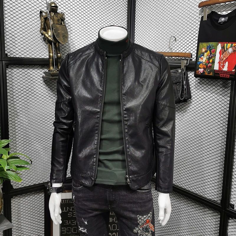 Geacă de piele PU pentru bărbați, stil coreean, slim-fit, guler înalt, fermoar, mai multe buzunare, căptușeală din acetat, toamna 2024