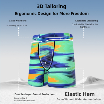 Vyrų greitai džiūstantys plaukimo šortai su spalvų blokais, chlorui atsparūs, poliesteris 82%, pamušalas 100%, 200 g