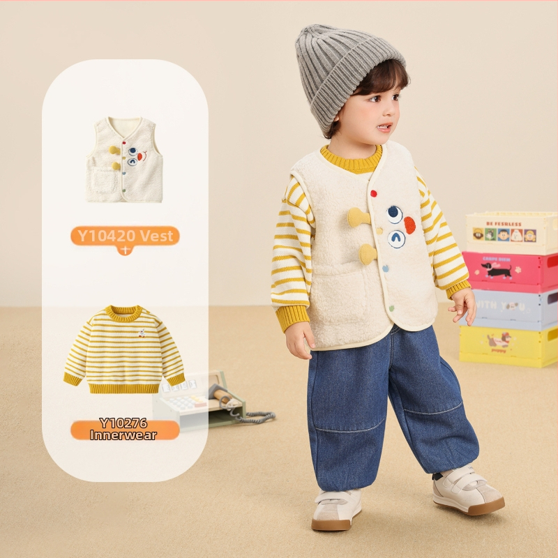 Divu daļu komplekts: flīsa jaka un džemperis - universāls, ziemas apģērbs ar karikatūras rakstu; džemperis 100% kokvilna; vestes 100% poliester; bērniem 1–3 gadi; garas piedurknes; bez kapuces