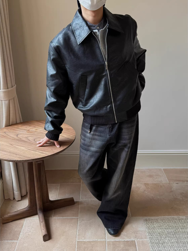 Muška PU kožna jakna s poliester podstavom, ovratnik s reverom, kratka duljina, vintage stil, jednostruko kopčanje