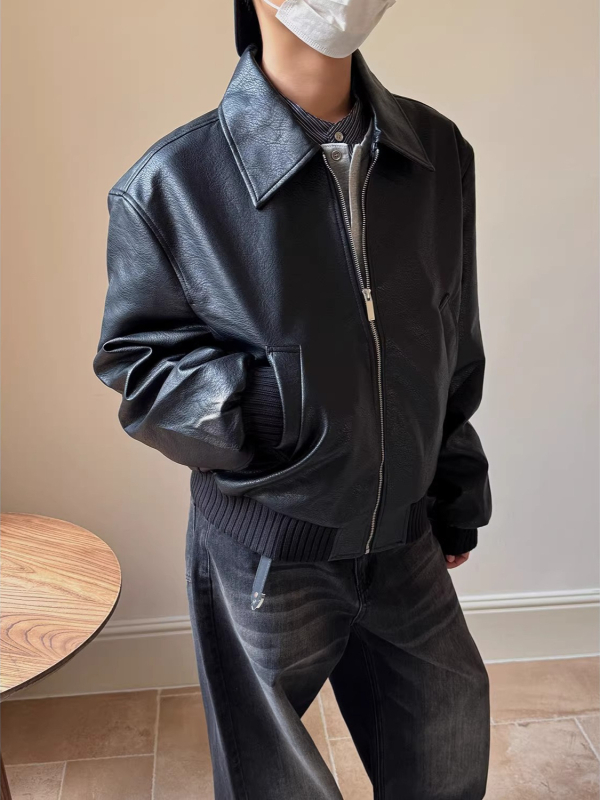 Muška PU kožna jakna s poliester podstavom, ovratnik s reverom, kratka duljina, vintage stil, jednostruko kopčanje