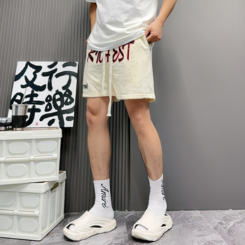 Șorturi bărbați cu motif litere, vară, croială lejeră, țesătură terry din bumbac, 50% bumbac, lungime medie, stil retro