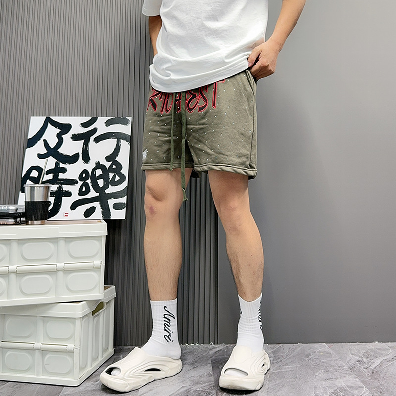 Șorturi bărbați cu motif litere, vară, croială lejeră, țesătură terry din bumbac, 50% bumbac, lungime medie, stil retro