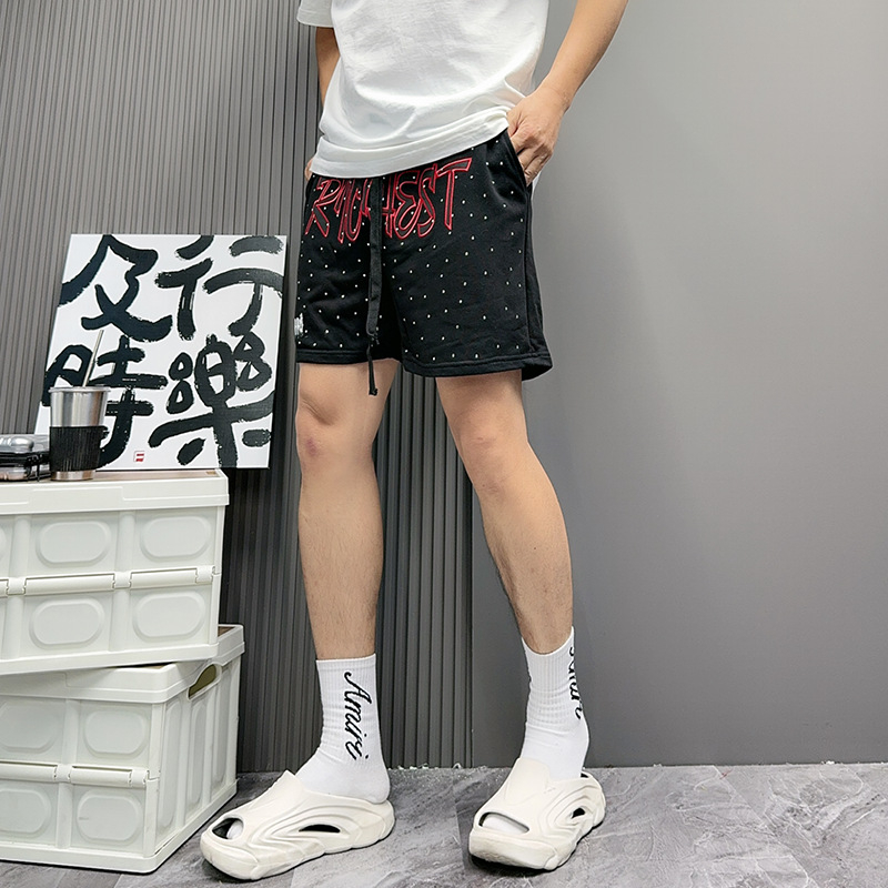 Șorturi bărbați cu motif litere, vară, croială lejeră, țesătură terry din bumbac, 50% bumbac, lungime medie, stil retro