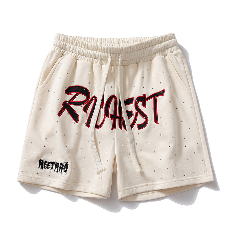 Șorturi bărbați cu motif litere, vară, croială lejeră, țesătură terry din bumbac, 50% bumbac, lungime medie, stil retro