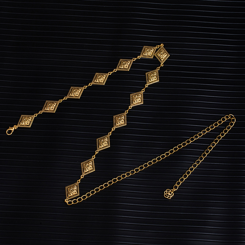 Reguliuojama metalinė juosmens grandinėlė su plokštelėmis, hip-hop stilius, unisex, ilgis 110 cm, plotis 2 cm