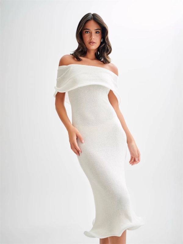 Suknelė su vienu petimi, megztas audinys, ilga, su aukštu juosmeniu