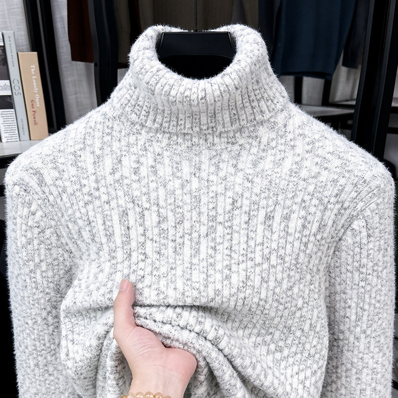 Pleteni pulover s visokim ovratnikom, vunena osnovna tkanina, debela pletenina, flis podstava, slobodan kroj
