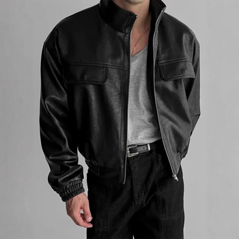 Jachetă din piele PU pentru bărbați, stil coreean, închidere dublă pe față, guler rever, lungime scurtă, buzunare multiple, primăvară 2024
