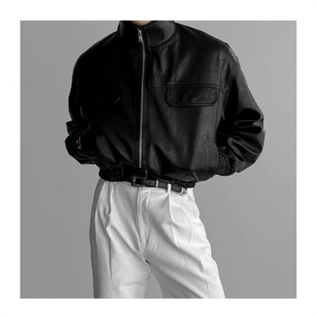 Jachetă din piele PU pentru bărbați, stil coreean, închidere dublă pe față, guler rever, lungime scurtă, buzunare multiple, primăvară 2024