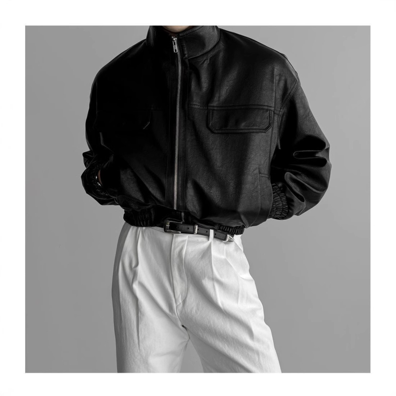 Ανδρικό PU δερμάτινο μπουφάν, κορεατικού στυλ, διπλό μπροστινό κούμπωμα, πέτο γιακά, κοντή γραμμή, πολλαπλά τσεπάκια, άνοιξη 2024
