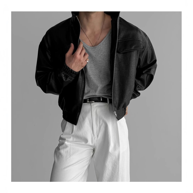 Ανδρικό PU δερμάτινο μπουφάν, κορεατικού στυλ, διπλό μπροστινό κούμπωμα, πέτο γιακά, κοντή γραμμή, πολλαπλά τσεπάκια, άνοιξη 2024