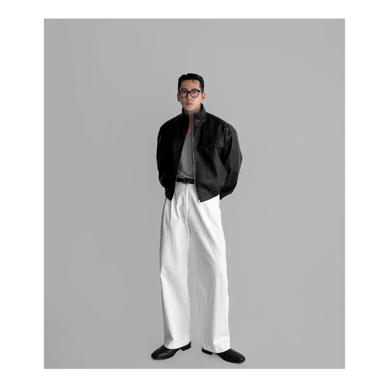 Ανδρικό PU δερμάτινο μπουφάν, κορεατικού στυλ, διπλό μπροστινό κούμπωμα, πέτο γιακά, κοντή γραμμή, πολλαπλά τσεπάκια, άνοιξη 2024