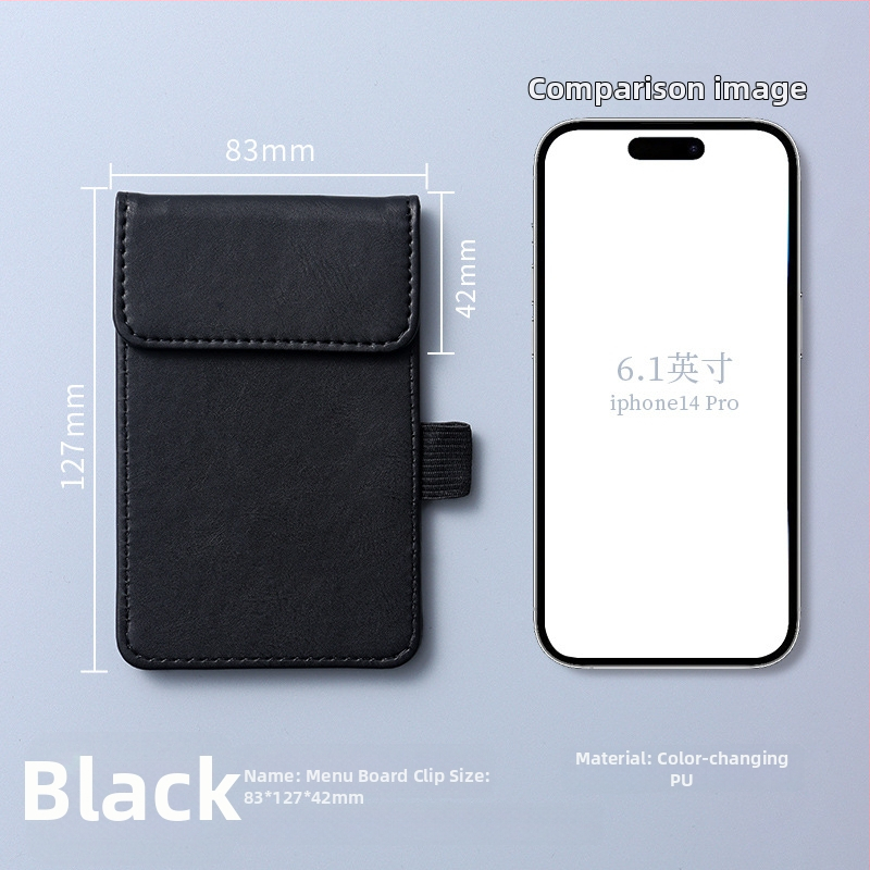 Clip pentru meniu din piele – clemă unică și solidă, suport personalizabil pentru note, prindere 100x40 mm, grosime placă 5 mm, lățime spate 50 mm