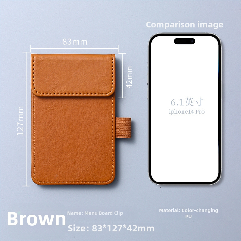 Clip pentru meniu din piele – clemă unică și solidă, suport personalizabil pentru note, prindere 100x40 mm, grosime placă 5 mm, lățime spate 50 mm