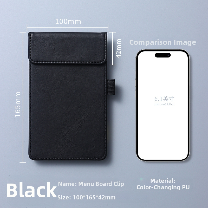 Clip pentru meniu din piele – clemă unică și solidă, suport personalizabil pentru note, prindere 100x40 mm, grosime placă 5 mm, lățime spate 50 mm