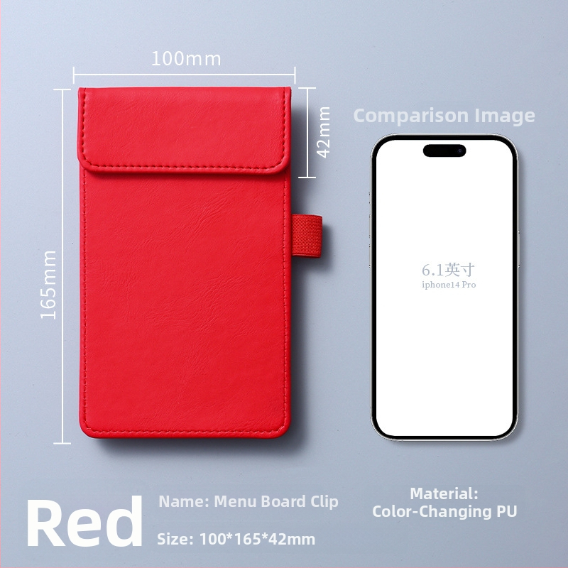 Clip pentru meniu din piele – clemă unică și solidă, suport personalizabil pentru note, prindere 100x40 mm, grosime placă 5 mm, lățime spate 50 mm