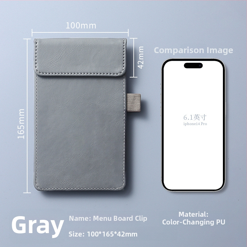 Clip pentru meniu din piele – clemă unică și solidă, suport personalizabil pentru note, prindere 100x40 mm, grosime placă 5 mm, lățime spate 50 mm