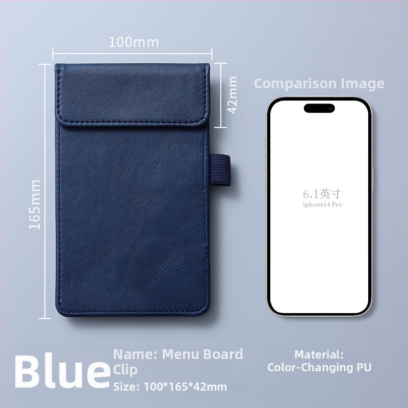 Clip pentru meniu din piele – clemă unică și solidă, suport personalizabil pentru note, prindere 100x40 mm, grosime placă 5 mm, lățime spate 50 mm