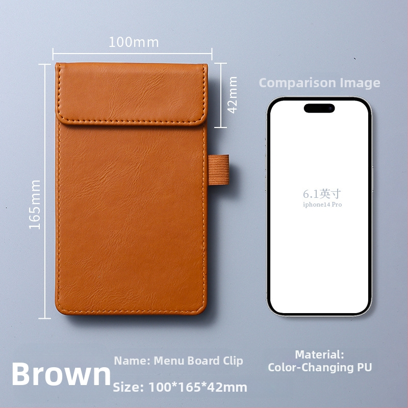Clip pentru meniu din piele – clemă unică și solidă, suport personalizabil pentru note, prindere 100x40 mm, grosime placă 5 mm, lățime spate 50 mm