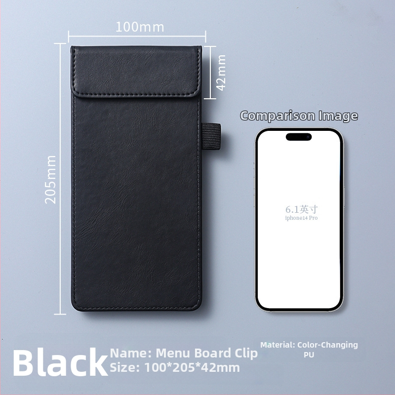 Clip pentru meniu din piele – clemă unică și solidă, suport personalizabil pentru note, prindere 100x40 mm, grosime placă 5 mm, lățime spate 50 mm