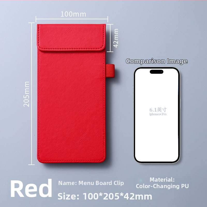 Clip pentru meniu din piele – clemă unică și solidă, suport personalizabil pentru note, prindere 100x40 mm, grosime placă 5 mm, lățime spate 50 mm