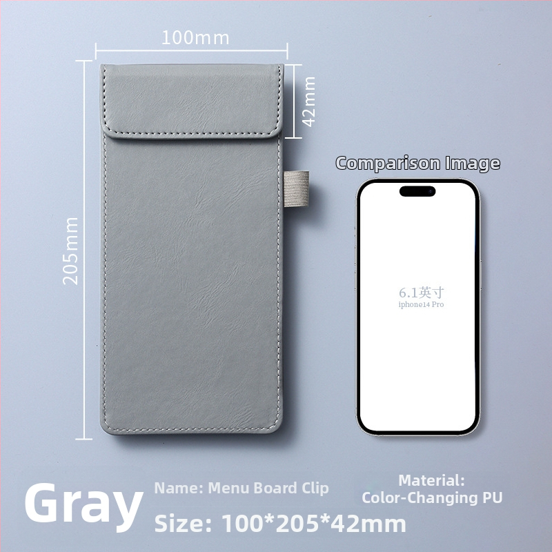 Clip pentru meniu din piele – clemă unică și solidă, suport personalizabil pentru note, prindere 100x40 mm, grosime placă 5 mm, lățime spate 50 mm