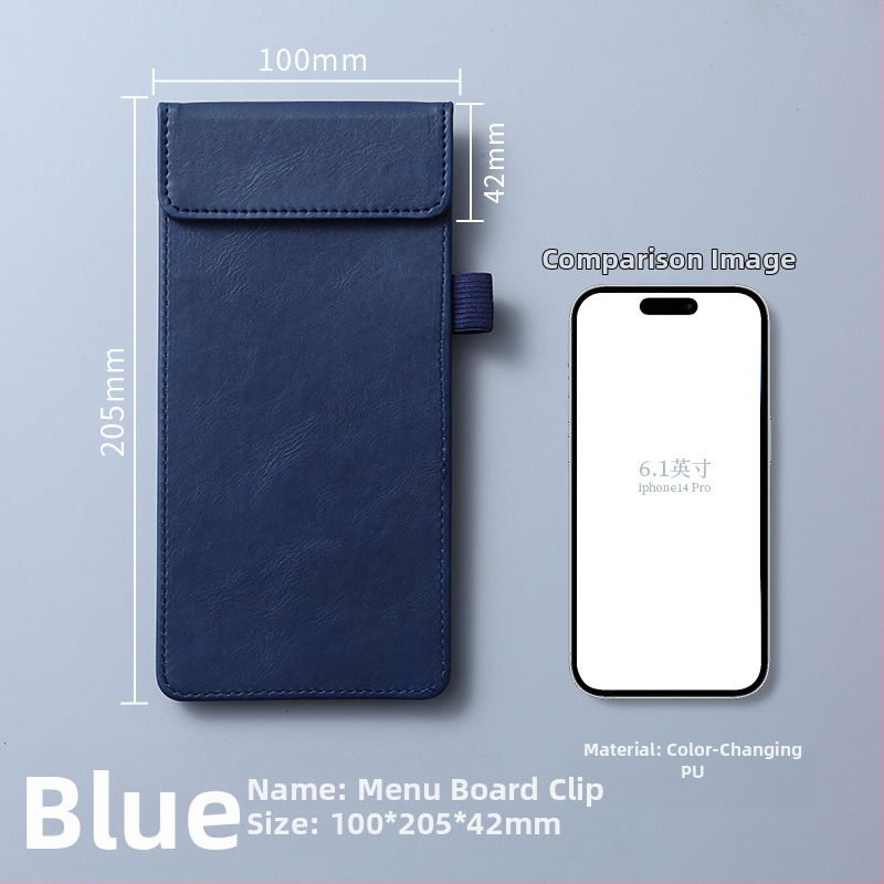 Clip pentru meniu din piele – clemă unică și solidă, suport personalizabil pentru note, prindere 100x40 mm, grosime placă 5 mm, lățime spate 50 mm