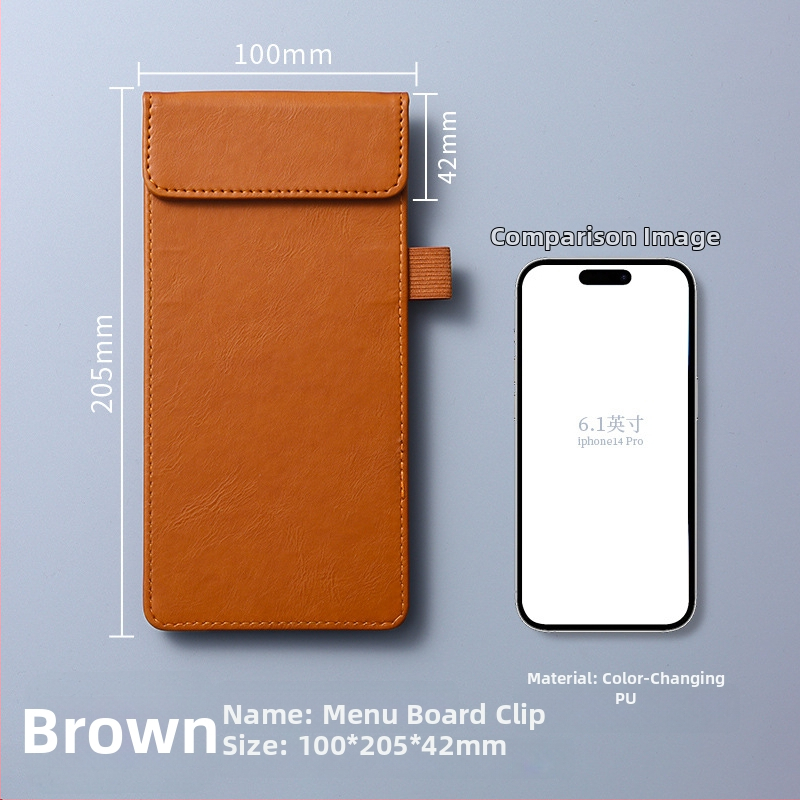 Clip pentru meniu din piele – clemă unică și solidă, suport personalizabil pentru note, prindere 100x40 mm, grosime placă 5 mm, lățime spate 50 mm