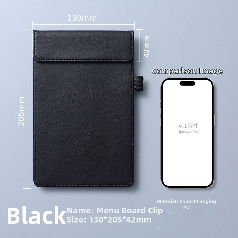 Clip pentru meniu din piele – clemă unică și solidă, suport personalizabil pentru note, prindere 100x40 mm, grosime placă 5 mm, lățime spate 50 mm
