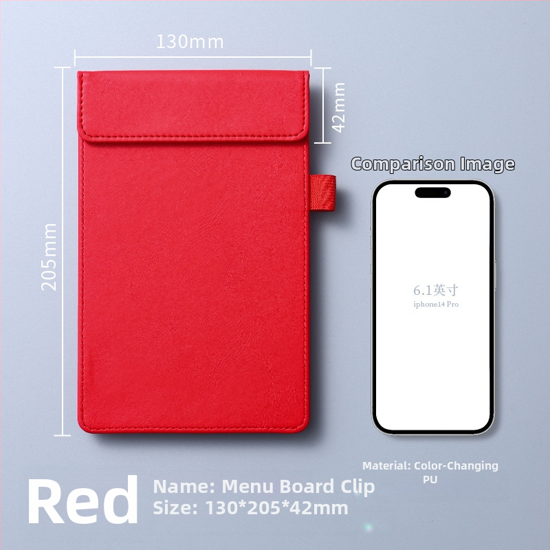 Clip pentru meniu din piele – clemă unică și solidă, suport personalizabil pentru note, prindere 100x40 mm, grosime placă 5 mm, lățime spate 50 mm