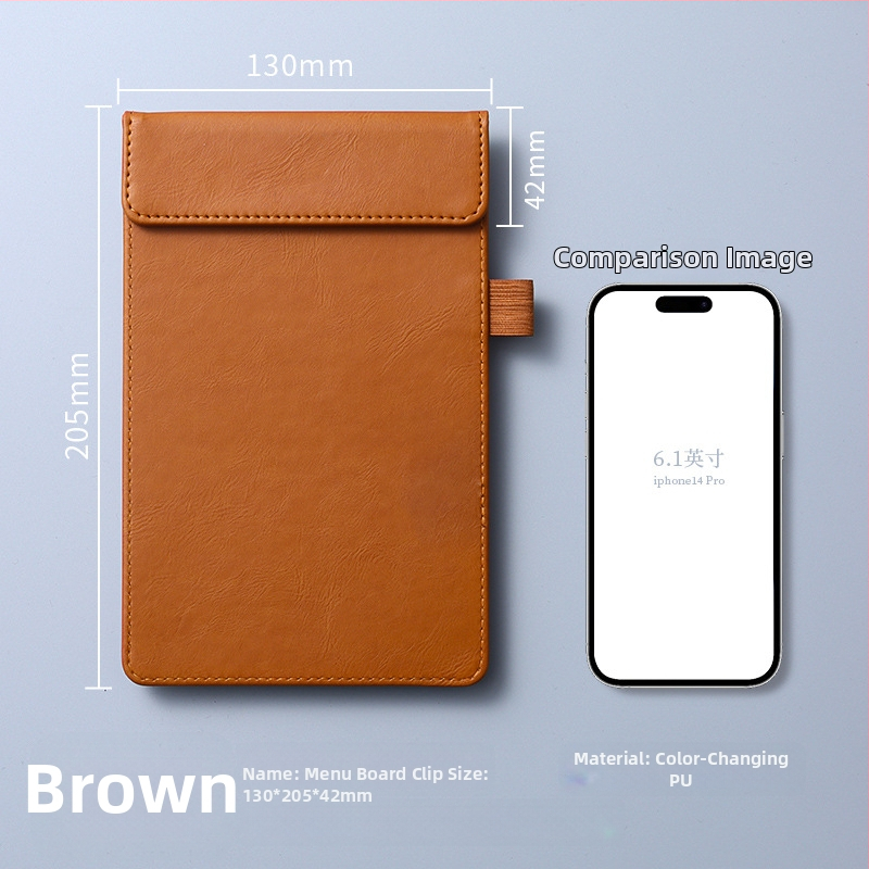 Clip pentru meniu din piele – clemă unică și solidă, suport personalizabil pentru note, prindere 100x40 mm, grosime placă 5 mm, lățime spate 50 mm