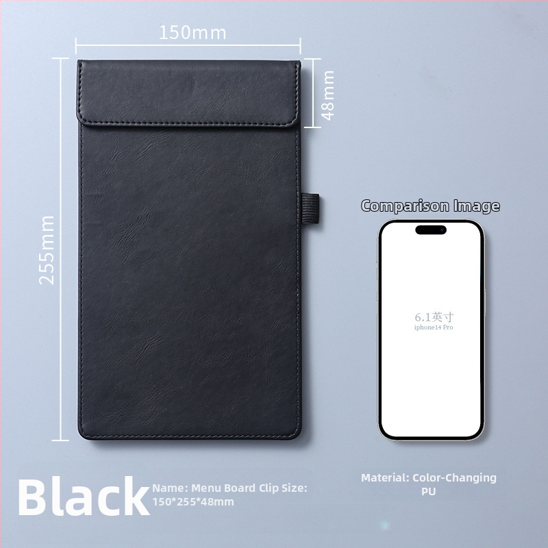 Clip pentru meniu din piele – clemă unică și solidă, suport personalizabil pentru note, prindere 100x40 mm, grosime placă 5 mm, lățime spate 50 mm