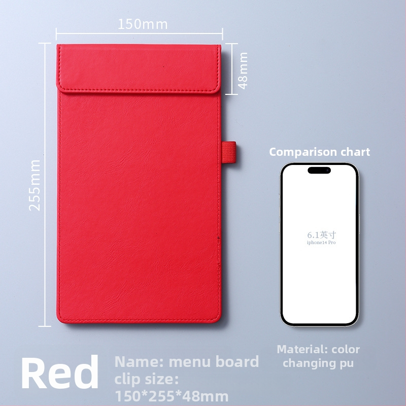 Clip pentru meniu din piele – clemă unică și solidă, suport personalizabil pentru note, prindere 100x40 mm, grosime placă 5 mm, lățime spate 50 mm