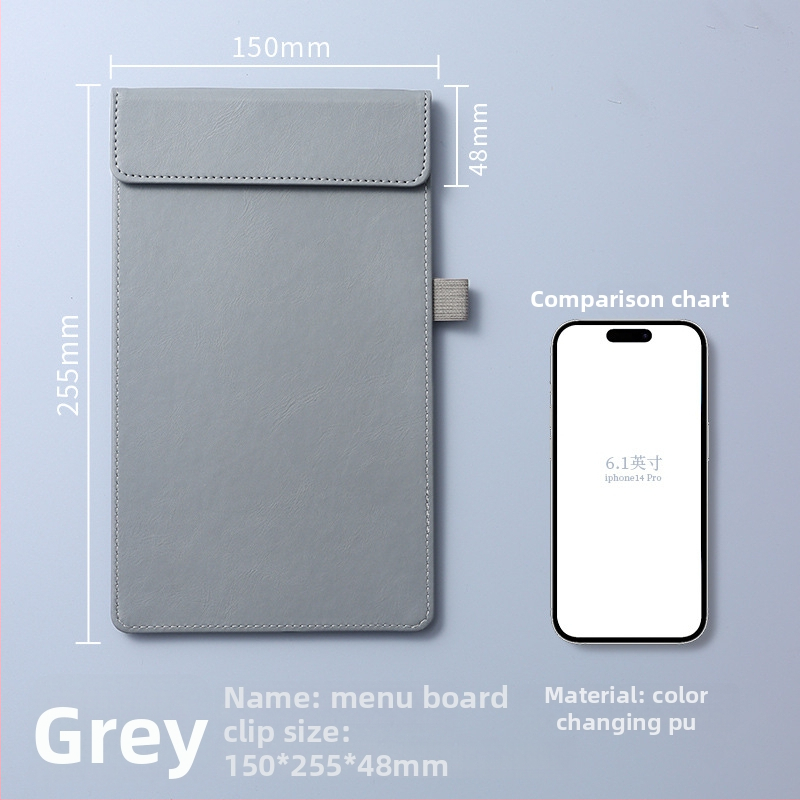 Clip pentru meniu din piele – clemă unică și solidă, suport personalizabil pentru note, prindere 100x40 mm, grosime placă 5 mm, lățime spate 50 mm